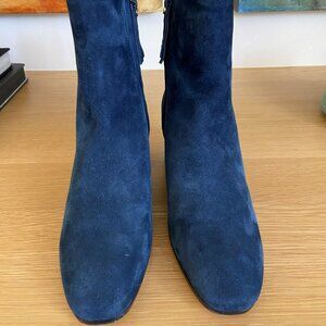 M Gemi Navy Suede Booties with Geometric Design Heels